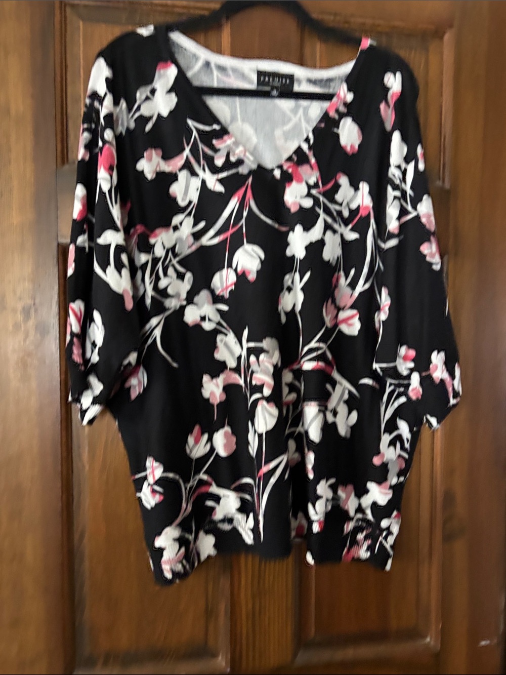 Black Floral V-Neck Sweater with Pink,White, and Gray Accents